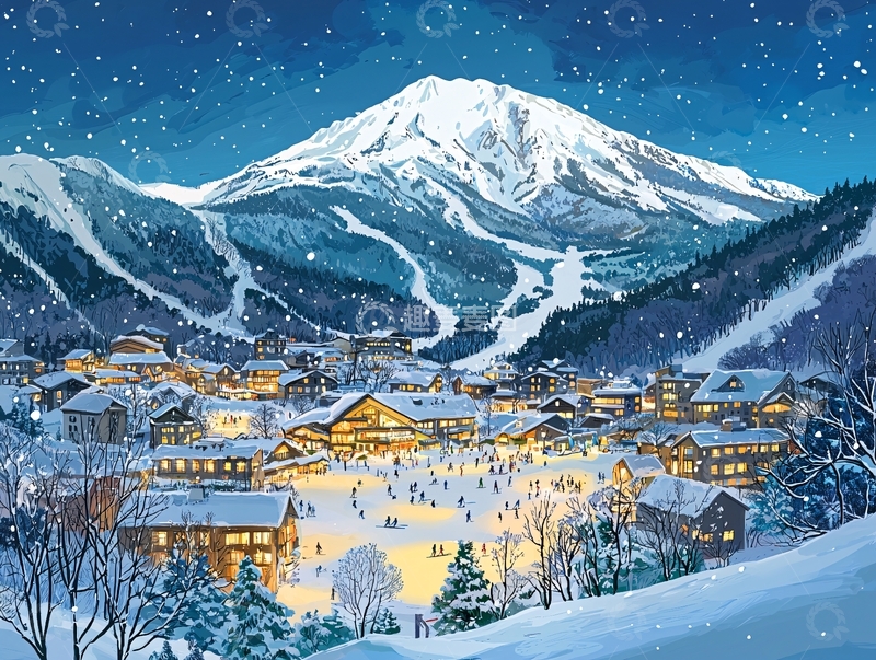 高清大图下载【趣麦麦图】雪夜山村夜景