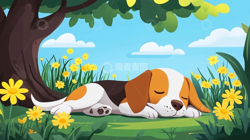 高清大图下载【趣麦麦图】小猎犬在树下睡觉