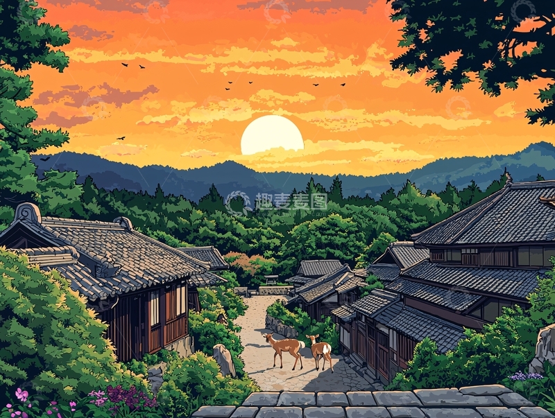 高清大图下载【趣麦麦图】日落山村风景画