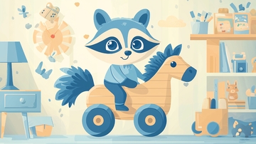 卡通浣熊骑木马