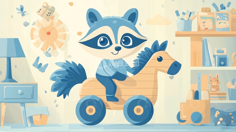 高清大图下载【趣麦麦图】卡通浣熊骑木马