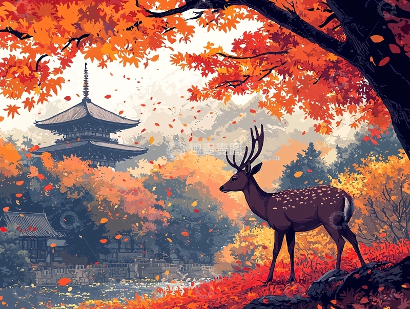秋日枫叶鹿与寺庙