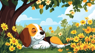 小狗在树下花丛中睡觉