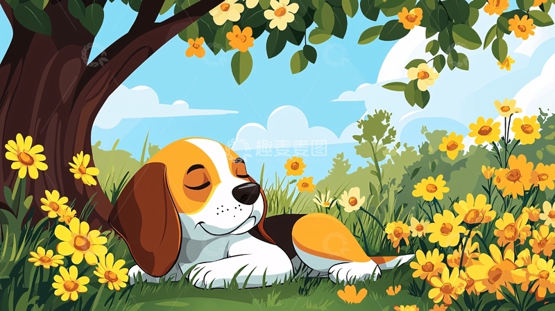 高清大图下载【趣麦麦图】小狗在树下花丛中睡觉