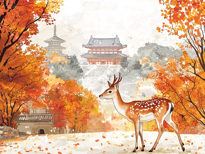 高清大图下载【趣麦麦图】秋枫叶鹿寺庙景色