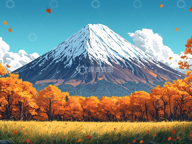 高清大图下载【趣麦麦图】秋叶环绕的雪山风景