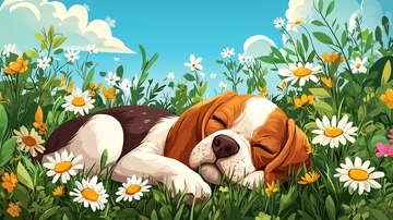 小猎犬在花田里睡觉