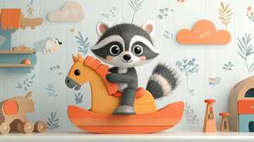 卡通浣熊骑木马