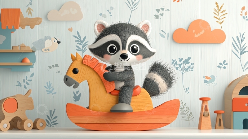 高清大图下载【趣麦麦图】卡通浣熊骑木马