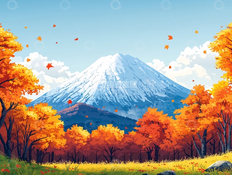 高清大图下载【趣麦麦图】秋日富士山枫叶风景