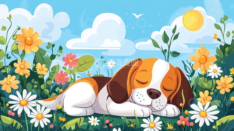 高清大图下载【趣麦麦图】小狗在花丛中睡觉