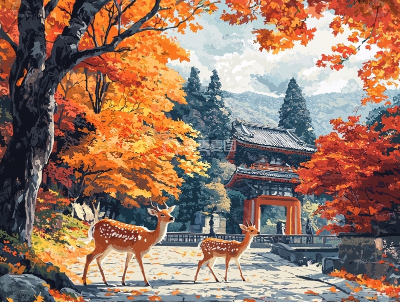 高清大图下载【趣麦麦图】秋日红叶鹿与庙宇