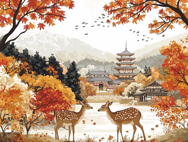 高清大图下载【趣麦麦图】秋日寺庙鹿鸣图