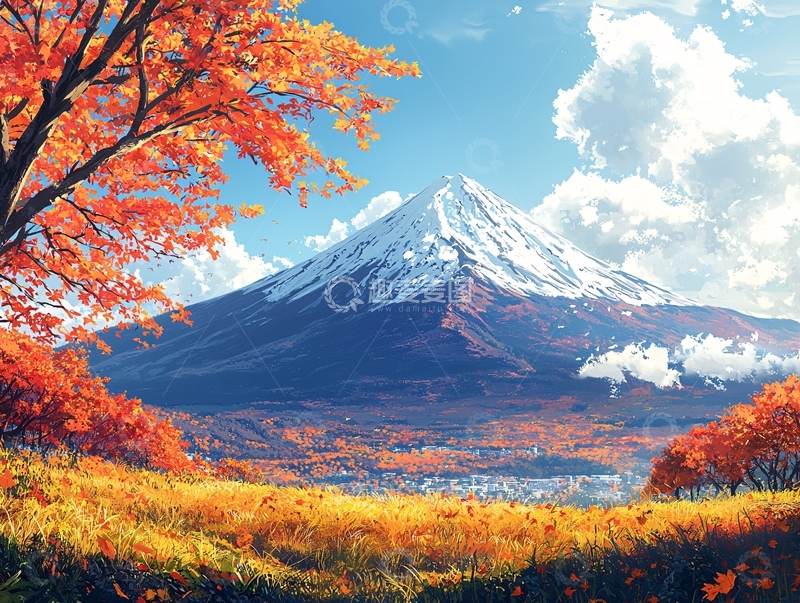 高清大图下载【趣麦麦图】秋叶红枫雪山风景