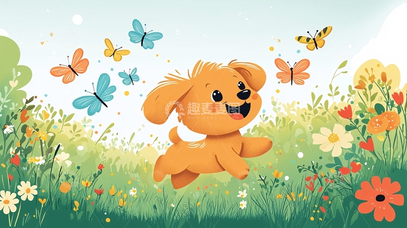 高清大图下载【趣麦麦图】小狗在花丛中追逐蝴蝶
