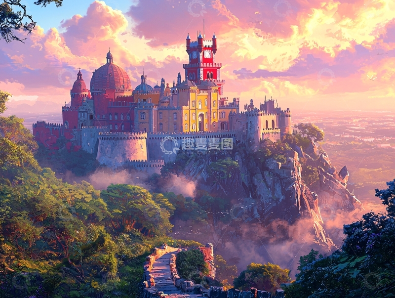 高清大图下载【趣麦麦图】山顶城堡日落景色