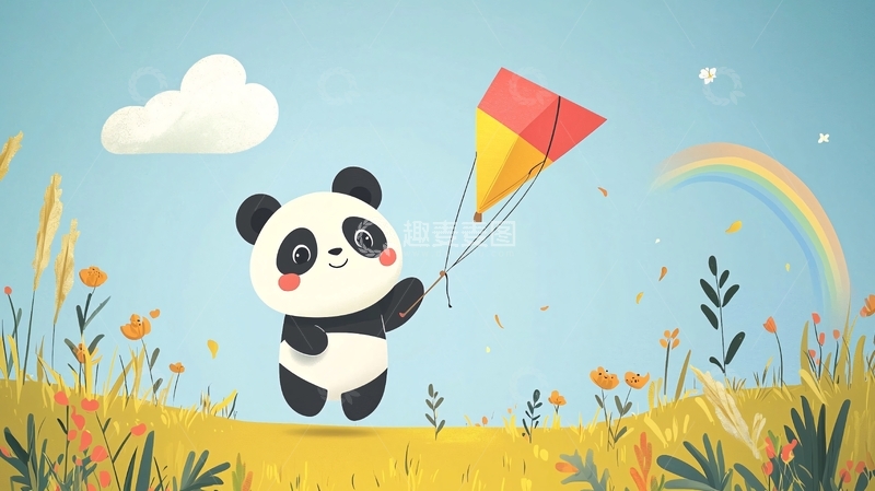 高清大图下载【趣麦麦图】可爱熊猫放风筝