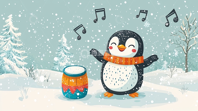 高清大图下载【趣麦麦图】冬日企鹅打鼓唱歌