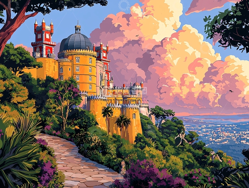 高清大图下载【趣麦麦图】山顶城堡日落景色