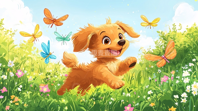 高清大图下载【趣麦麦图】可爱小狗追逐蝴蝶