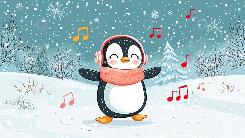 高清大图下载【趣麦麦图】戴耳机跳舞的企鹅