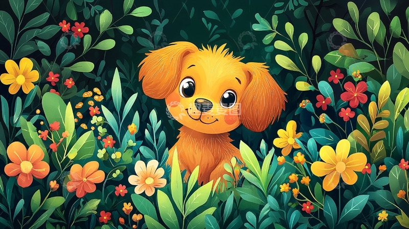 高清大图下载【趣麦麦图】小狗藏在花丛中