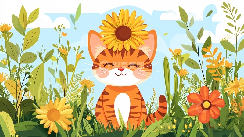 高清大图下载【趣麦麦图】小猫花丛中戴向日葵