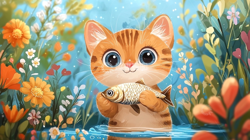 高清大图下载【趣麦麦图】可爱小猫抓鱼