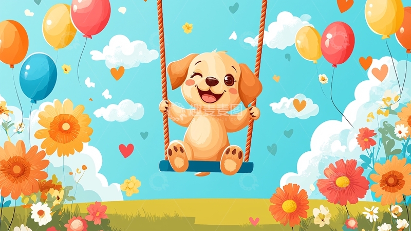 高清大图下载【趣麦麦图】小狗荡秋千