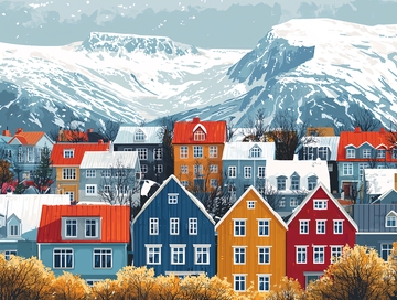 冰岛彩色小屋雪山背景