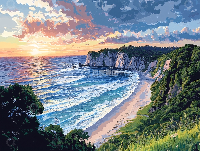 高清大图下载【趣麦麦图】日落海滩悬崖风景画