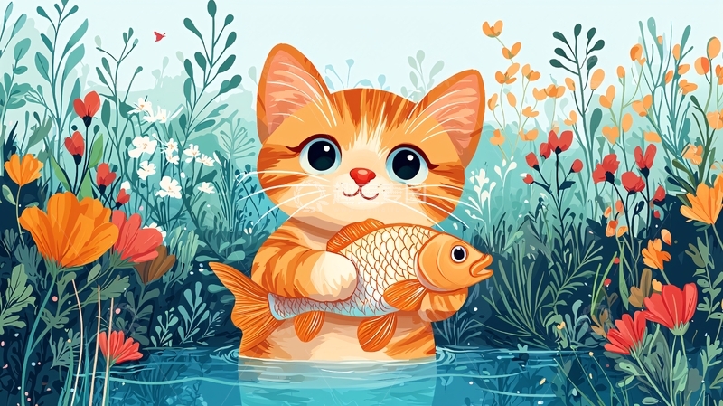 高清大图下载【趣麦麦图】可爱小猫抓鱼