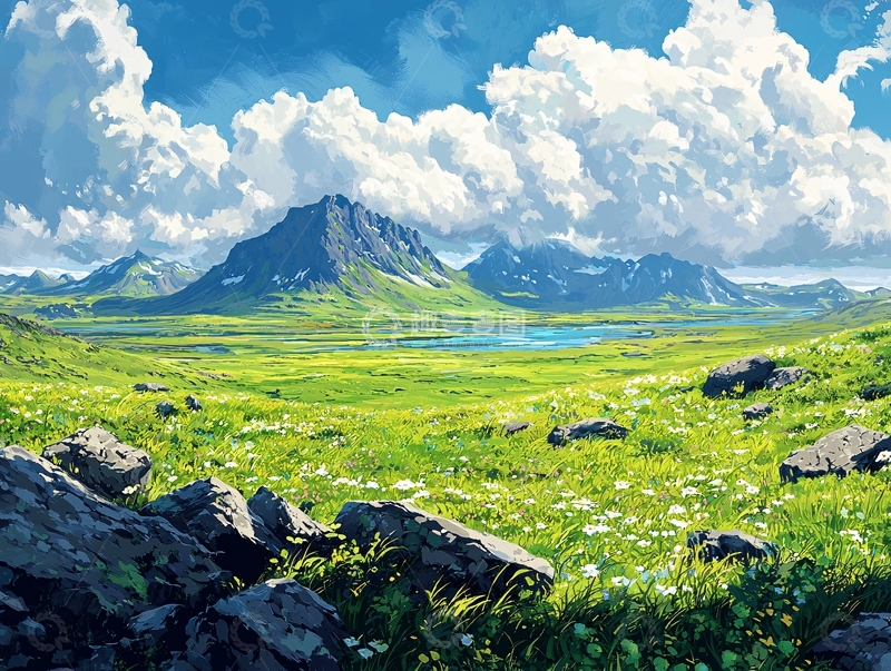 高清大图下载【趣麦麦图】阳光明媚的高山草原风景