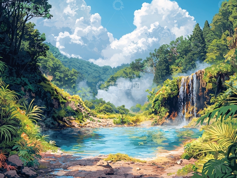 高清大图下载【趣麦麦图】阳光下的热带雨林瀑布