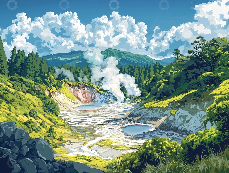 高清大图下载【趣麦麦图】山谷温泉风景画