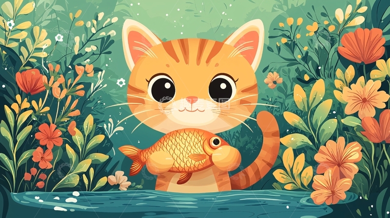 高清大图下载【趣麦麦图】可爱猫咪捉鱼图