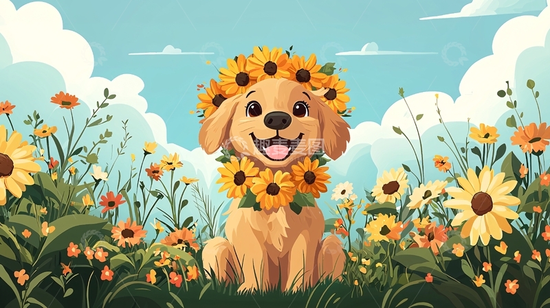 高清大图下载【趣麦麦图】可爱金毛犬戴向日葵花环