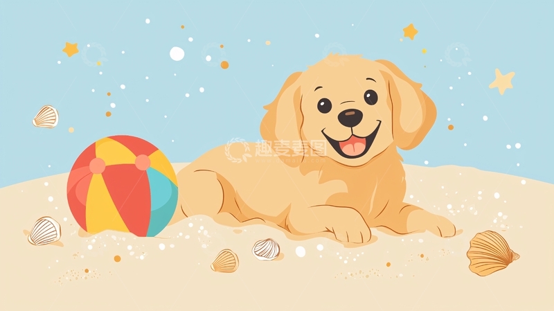 高清大图下载【趣麦麦图】沙滩上的金毛幼犬