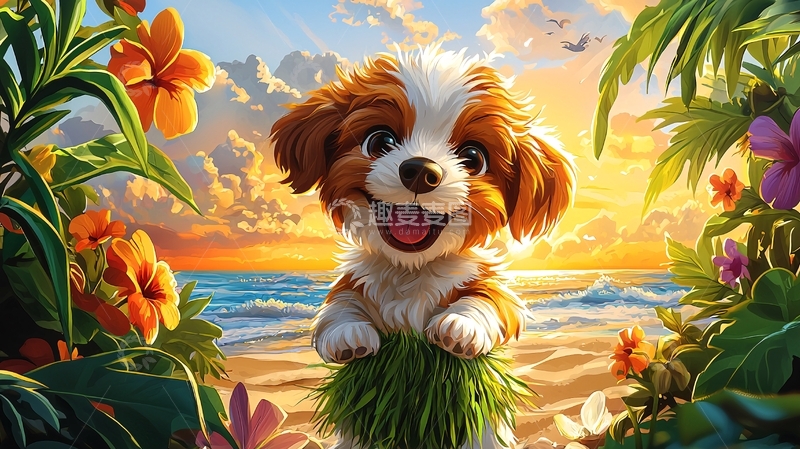 高清大图下载【趣麦麦图】沙滩夕阳下的快乐小狗