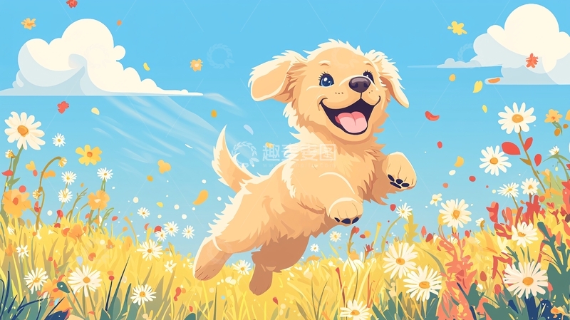 高清大图下载【趣麦麦图】金毛幼犬在花田里奔跑