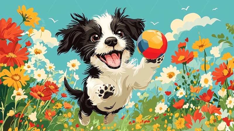 高清大图下载【趣麦麦图】小狗玩球鲜花田园