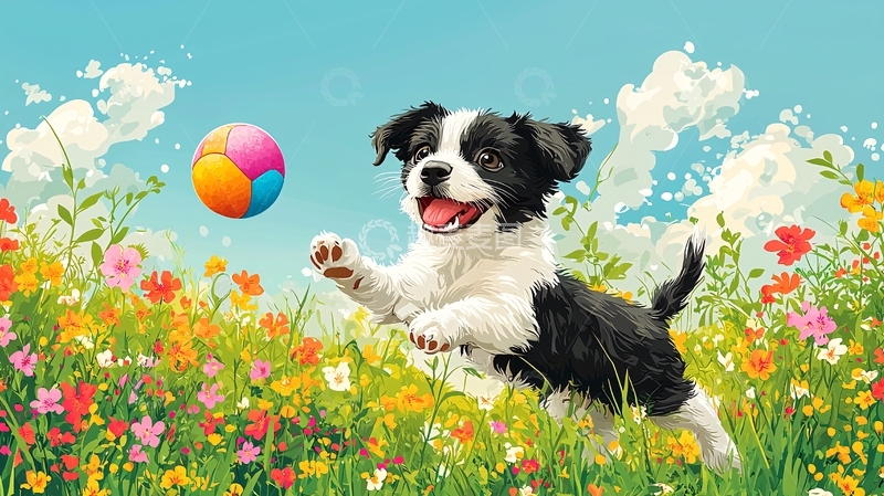 高清大图下载【趣麦麦图】小狗追逐彩色球
