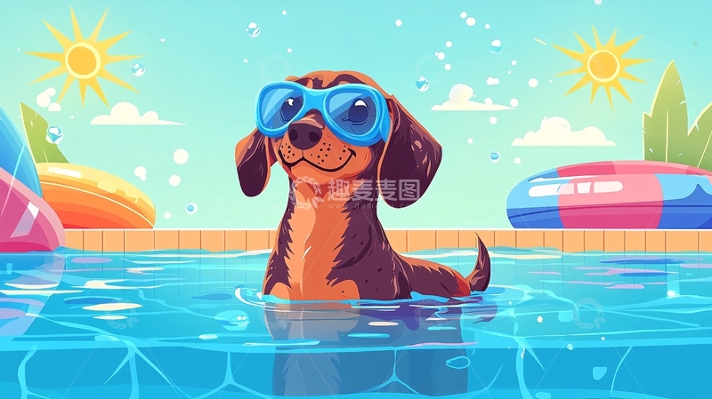 高清大图下载【趣麦麦图】戴墨镜的腊肠犬游泳