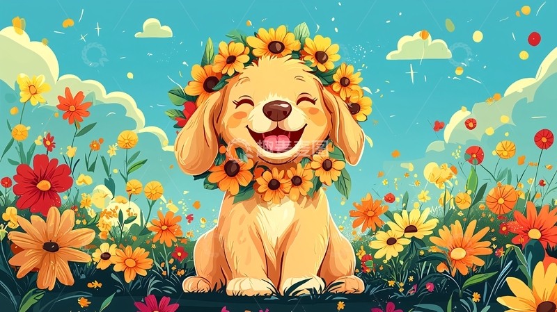 高清大图下载【趣麦麦图】戴向日葵花环的小狗