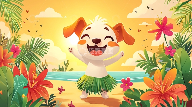 高清大图下载【趣麦麦图】快乐的小狗沙滩度假