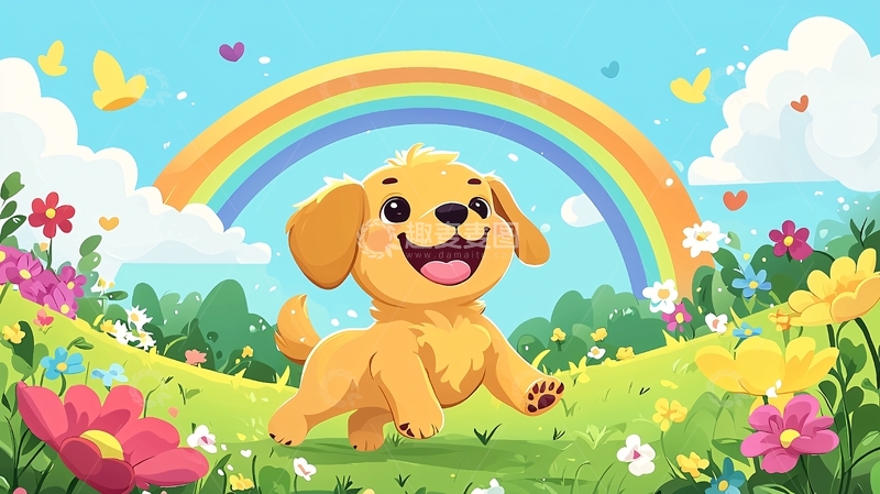高清大图下载【趣麦麦图】快乐的小狗彩虹花田
