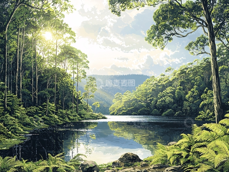 高清大图下载【趣麦麦图】阳光透过树林照射在湖面