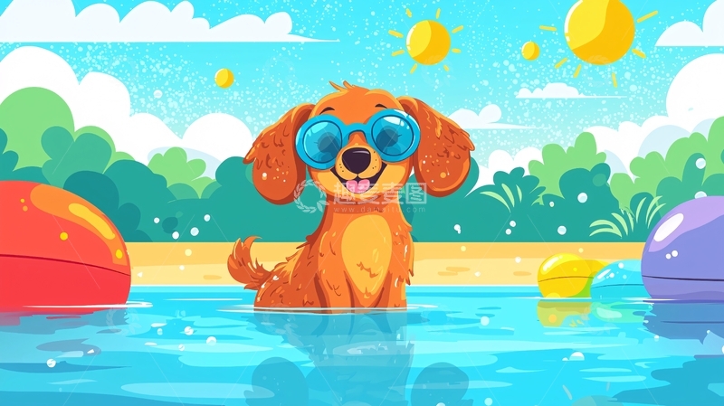 高清大图下载【趣麦麦图】戴墨镜的狗狗戏水图