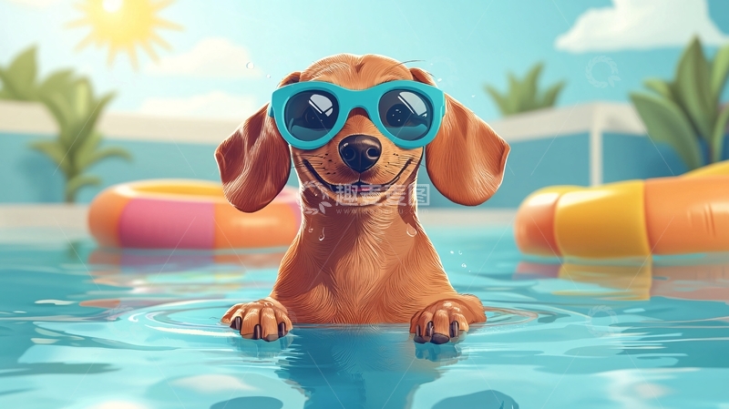 高清大图下载【趣麦麦图】戴墨镜的腊肠犬游泳