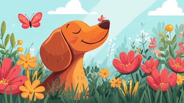 快乐的腊肠犬与花朵和蝴蝶